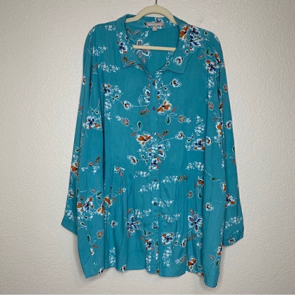 Woman Within Blue Floral Button Down Shirt